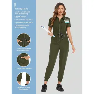 Cimmuovere Army Green Zipper Front Tie-Waist Casual Nursing V-Neck Scrubs Set with Pockets for Men and Women Regular Fit Short Sleeve Unlined Woven Fabric