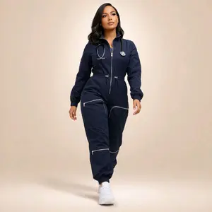 Heart Align Scrubs Fashion Scrub Jumpsuit Navy Zip Front One-Piece with Deep Zipper Cargo Pockets & Drawstring Waist for Medical Professionals - Fabric, Fit