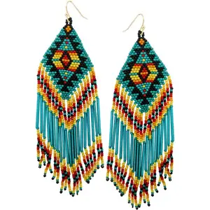 WESTERN AZTEC PATTERN SEED BEAD TASSEL EARRING