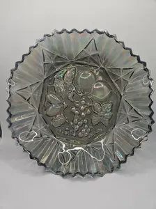 Vintage Grey Carnival Glass Bowl With Fluted Edges & Raised Fruit Bottom