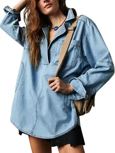Women's Denim Pullover Casual Button V Neck Blouse Loose Fit Long Sleeve Jean Jacket With Pocket