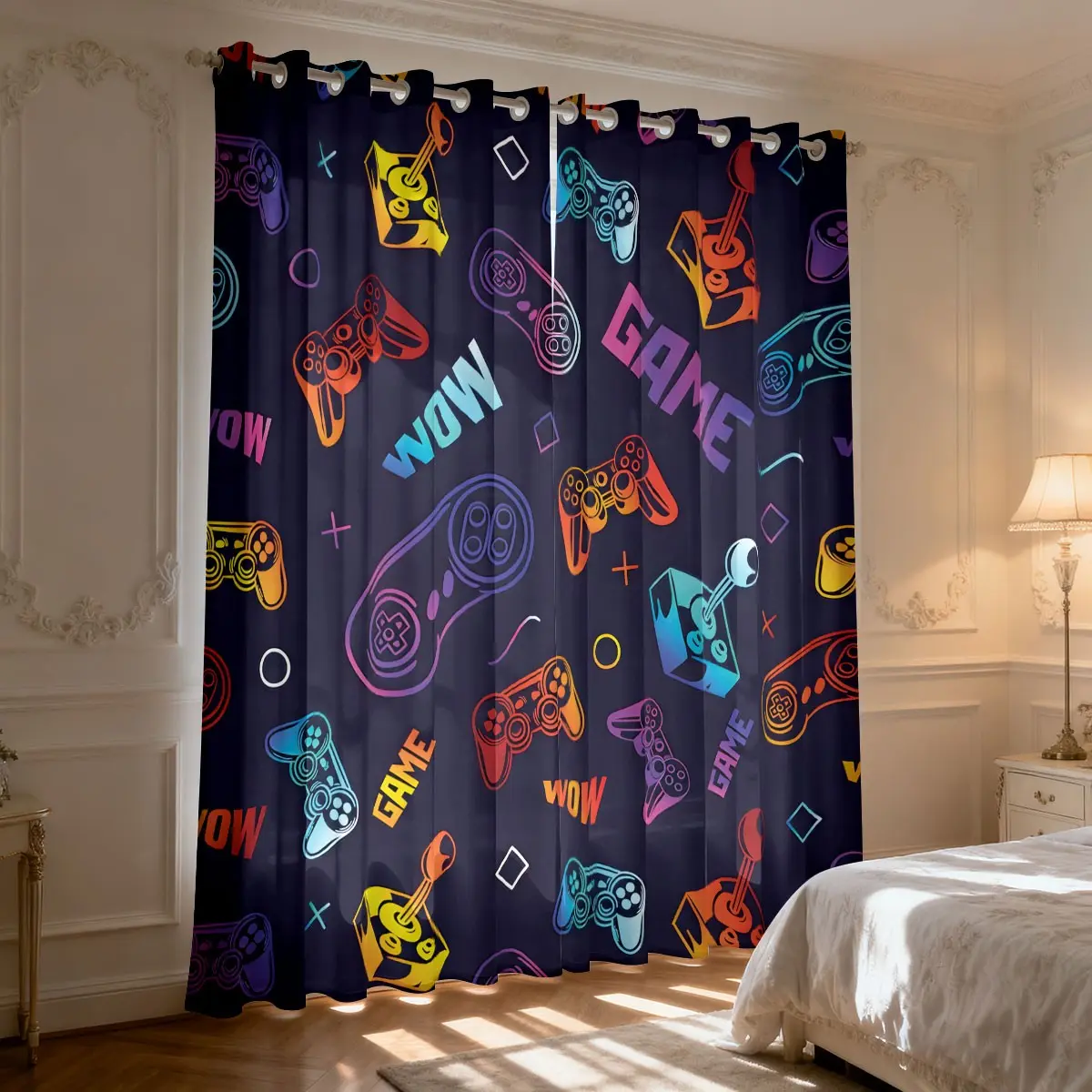 2pc, installed with hole-punching design, digital game controller printed curtains, suitable for living room, closet, children's room, bedroom, study, and dining room.