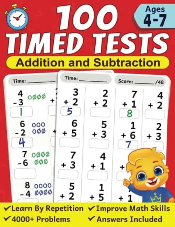 100-Timed Addition & Subtraction Tests Math Workbook - Preschool Kids Ages 4-7 Educational Drill Book, Build Foundational Skills & Proficiency in Math, School & Office Stationery, Age-Appropriate
