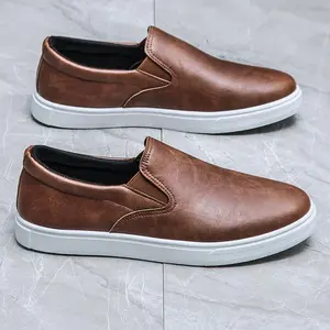 Men's brown slip-on sneakers-comfortable, non-slip, stylish casual shoes with white rubber sole