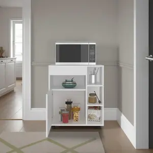 Kaito Microwave Cart and Cabinet, Freestanding Compact Sideboard with One Door Cabinet, Appliance Surface, 3 Side Open Shelves and One Open Upper Shelf, White