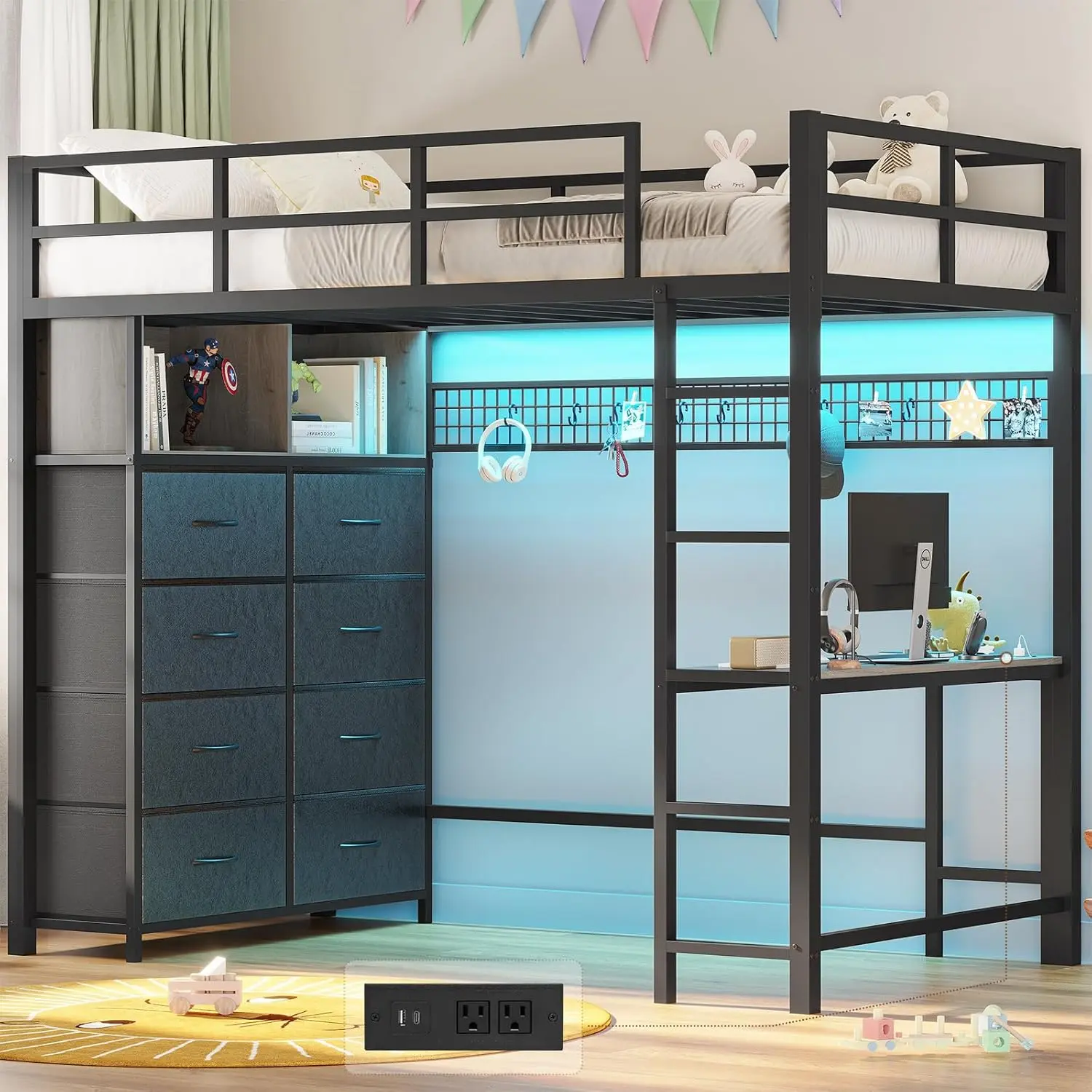 Sikaic Twin Size Loft Bed with Desk, 8 Storage Drawers, LED Lights & Charging Station, Metal Loft Bed Frame with Storage Shelves, 13.1" High Safety Guardrails, No Box Spring Needed, Grey