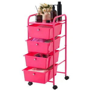 【DealsForYouDays】VEVOR Rolling Cart with Drawers, 4 Drawer Storage Organizer, Mobile Utility Cart with Steel Frame, Universal Casters & 2 Brakes, for Office, Classroom, Craft Tools, Garage, Cleaning Supplies, Rose Red