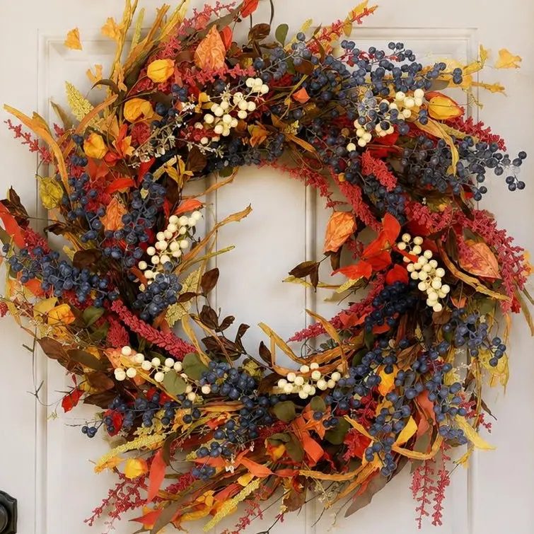 26-lnch Fall Wreath with Hook, Large Autumn Front Door Wreath with Berries & Leaves for Home Porch Wall Seasonal Decor