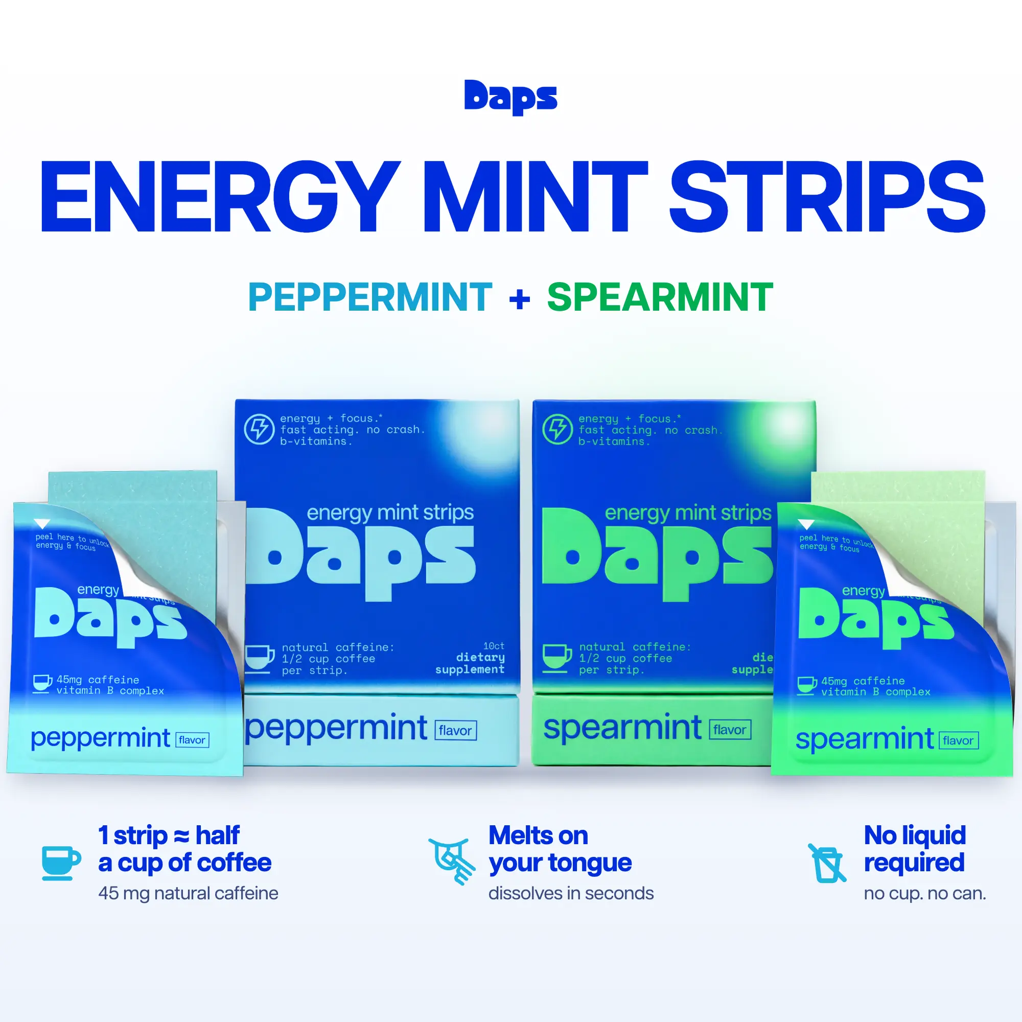Daps Caffeine Mint Strips - Natural Energy Booster, 45mg Green Tea Caffeine Boost, B6/B7/B12 Vitamins, Melts in Seconds, Sugar-Free, Fresh Breath, Pocket-Sized, Peppermint & Spearmint Chewable Strips