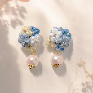 Crochet Flower Pearl Earrings Blue Cottagecore Floral Studs