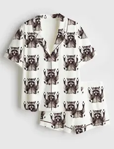 Raccoon Satin Pajama Set Women, Funny Animal Sleepwear, Silky Short Sleeve Lounge Outfit, Cute Novelty Gift Idea