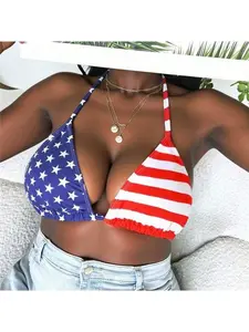 Slaydiva Plus Size Women 4th Of July National Flag Print Halter Tie Up Bikini Top, Sexy Fashion For Beach & Pool