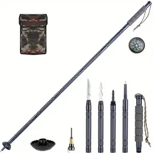 7-in-1 Tactical Trekking Stick - Retractable Folding Multi-Function, Compass, Tinder, Saw Blade, Screwdriver - Premium Outdoor Survival Gear for Hiking.Travel Accessories Camping Supplies