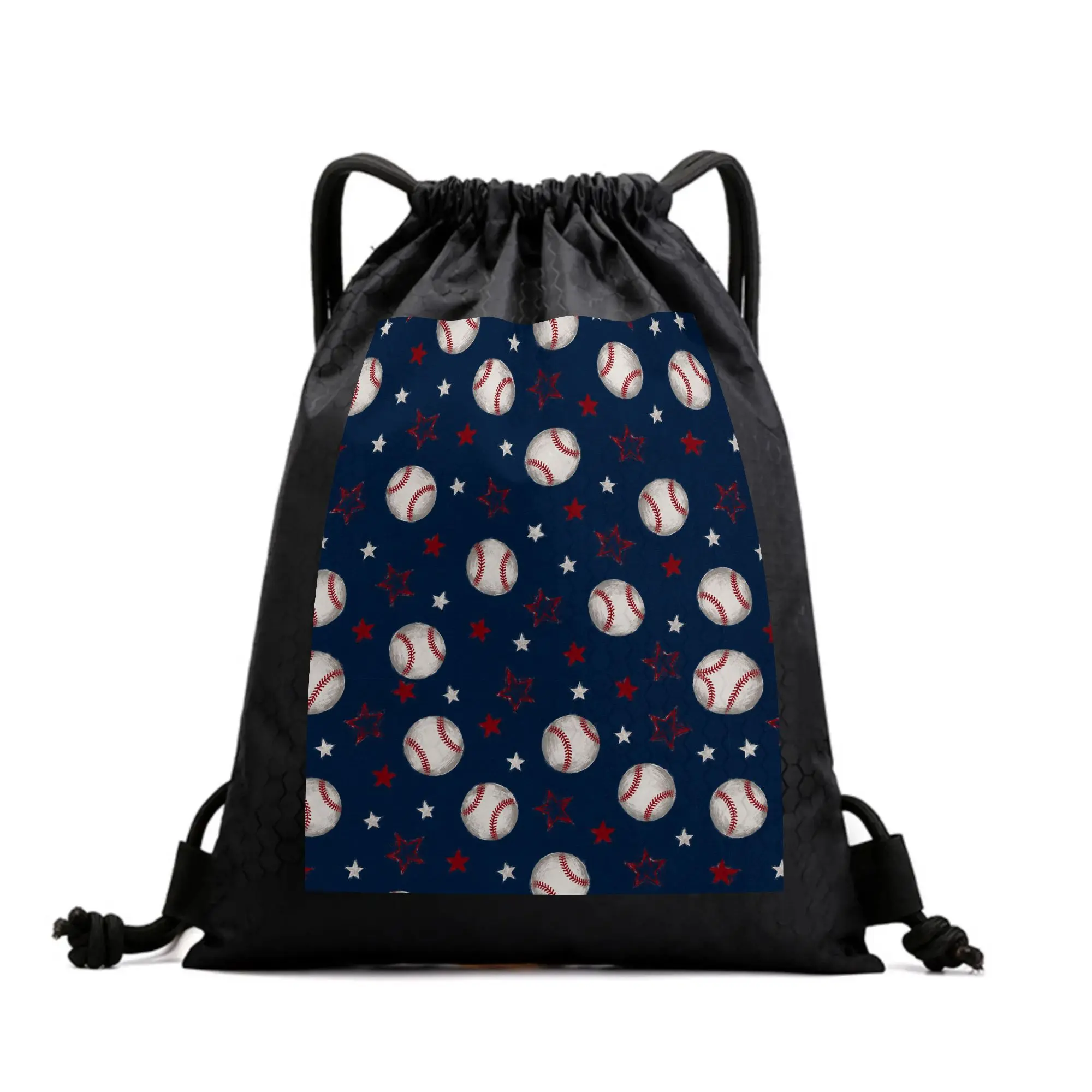 Navy Baseball & Red White Star Pattern Drawstring Backpack, Vintage Baseball Graphic Draw String Bag, Lightweight Sports Gym Sack, Casual Sackpack for Baseball Practice, School, Travel, Beach & Daily Outdoor Activities