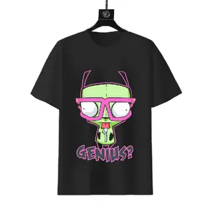 Invader Zim Gir Big Pink Glasses Genius Question Mark Cartoon Graphic T-Shirt, Green Skin Anime Character Vintage Cotton Short Sleeve Tee, Y2K Cartoon Fan Street Casual Top