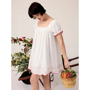Cider Fruit Embroidery Square Neck Puff Sleeve Babydoll Smock Mini Dress SwimWeek
