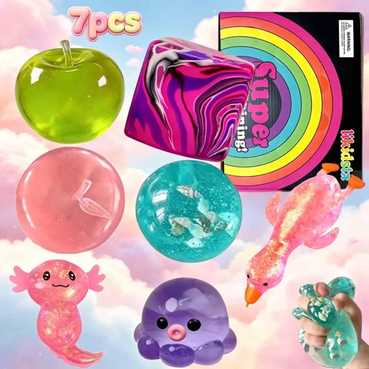 7-Piece Wet Soft Pressure Balls Set, Cute Glitter Squeeze Toy Kit, Squishies Set, Squishy Stress Relief Gel Toys for Anxiety, Adhd, Party Gifts, Classroom Rewards