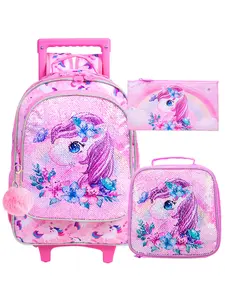 3PCS Rolling Backpack for Girls , Kids Roller Wheels School Bookbag with Lunch Bag, Wheeled School Bag for Children, Cute Backpack
