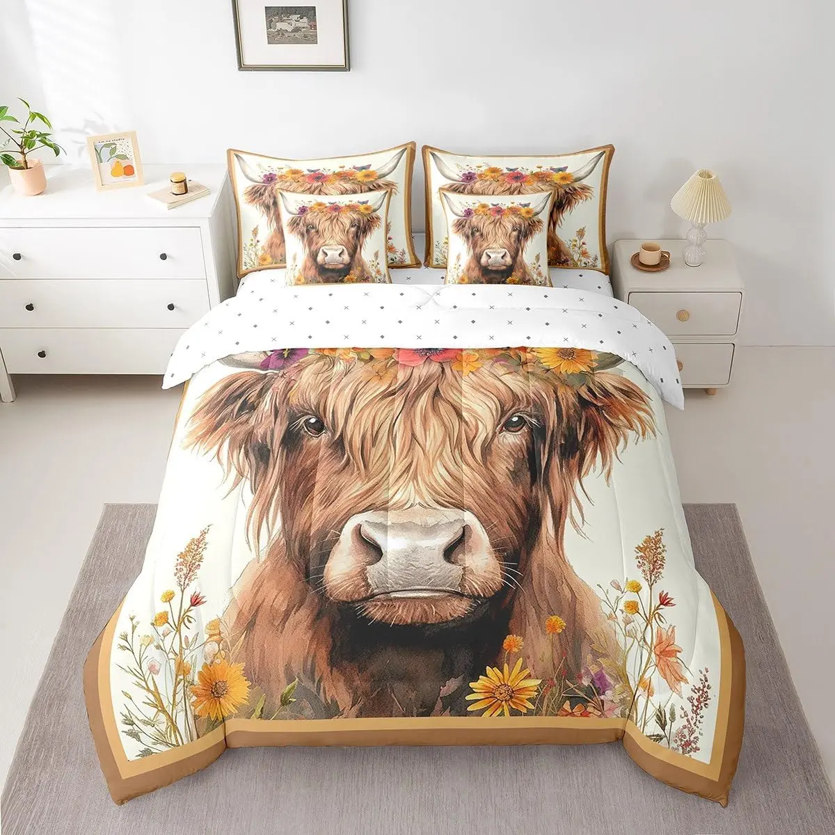 Highland Cow Comforter Set with Sheets Kids Farmhouse Bed in a Bag for Boys Girls Teens Brown 7 Pieces Bedding Set