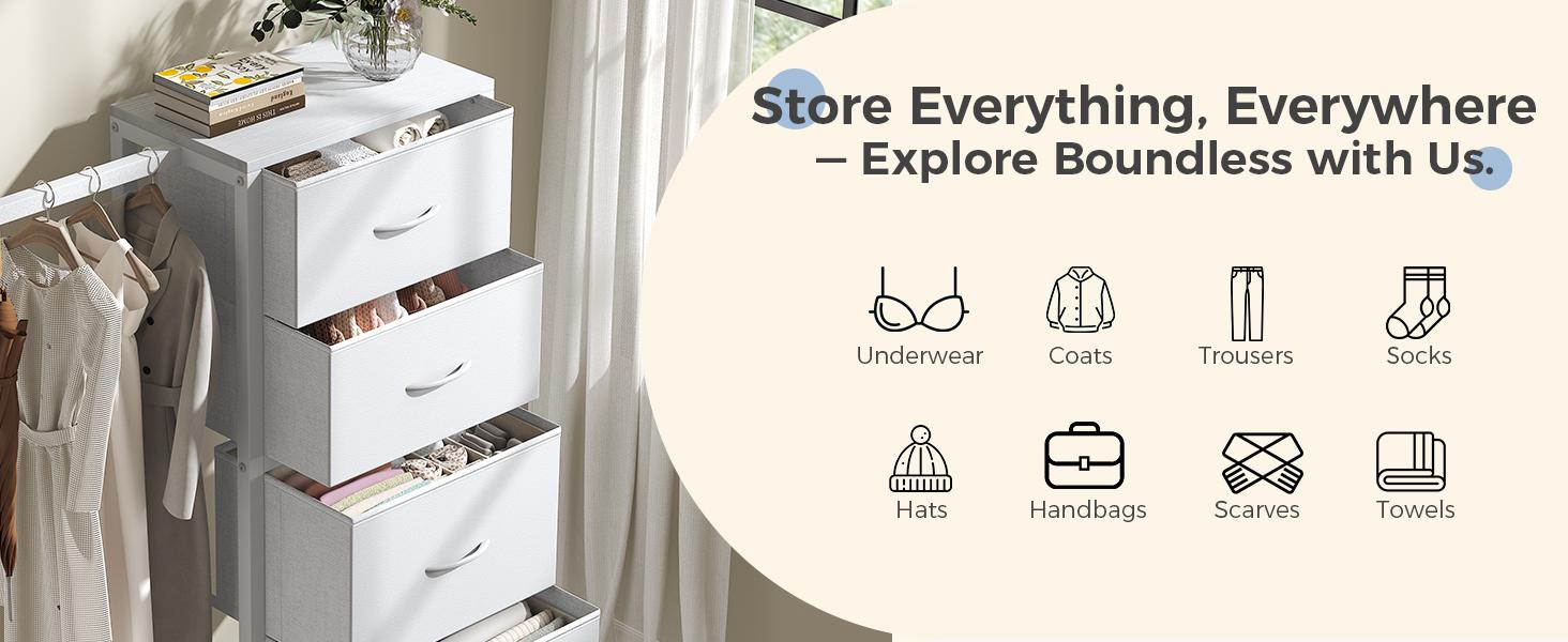 Dresser With Hanging Rack，Closet Organizer,With Hanging Rack With LED Lights & Charging Station,Wooden Top, for Home Living Room