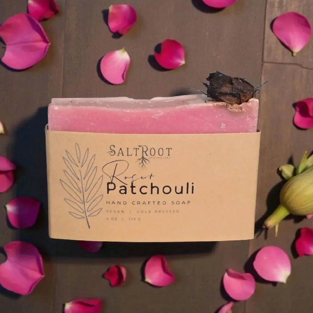 SaltRoot Rose & Patchouli Cold Processed Soap Handmade Plant Based Vegan 4 oz natural skincare