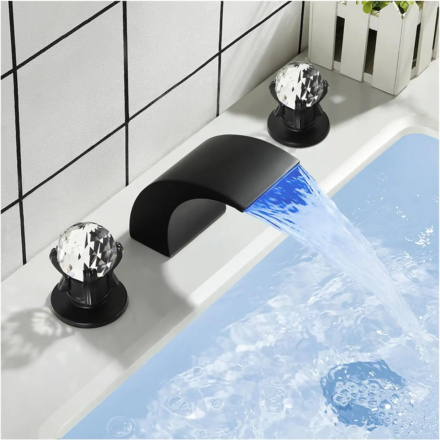 Brass 8-Inch LED Waterfall Widespread 3-Hole Lavatory Basin Mixer Tap - 2 Crystal Handles, Bathroom Sink Faucet for Home Improvement Bathroom Fixtures, Brass Bathroom Faucet, Waterfall Bathroom Sink Faucet