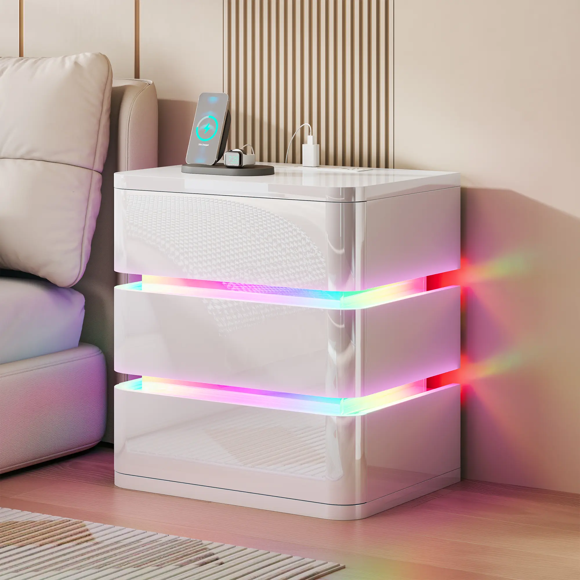Dystler Elegant High-Gloss Panel Modern Fully Assembled RGB Nightstand, 3 Storage Drawers, 3-in-1 Smart Human Sensor Lighting, 2 AC Outlets, 1 Type-C Port Charging Station, 19.69in W x 15.75in D x 23.62in H Indoor Bedroom Furniture