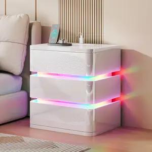 Dystler LED Night Stand with Charging Station, 3 Drawers Nightstand with RGB Lights, Fully Assembled Modern Bedside Table with Human Sensor for Bedroom