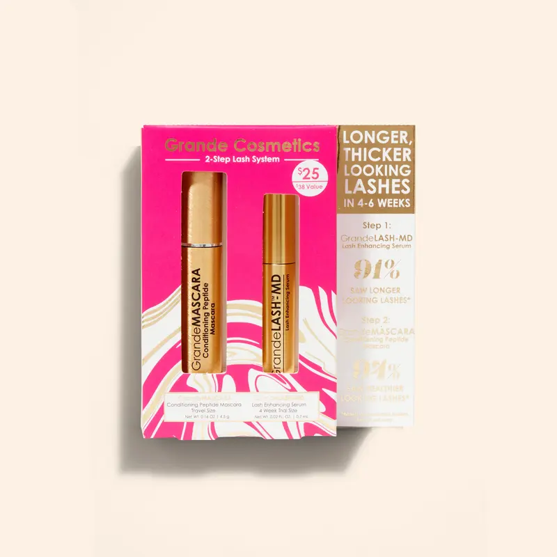 2-Step Lash System - Grande Cosmetics - Longer, Thicker Looking Lashes in 4-6 Weeks - Peptide & Serum Formula - Lengthening Mascara Kit Makeup