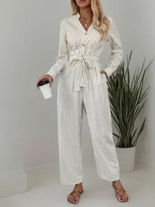 Women's Striped Print Button Front Belted Jumpsuit, Casual Long Sleeve Notched Neck Jumpsuit for Fall & Winter, Women's Clothes for Daily Wear, Tie Waist Jumpsuit, Casual Style Jumpsuit