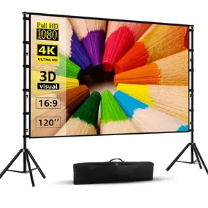 Projector Screen with Stand, 120 inch 16:9 4K 1080 HD Outdoor Movie Screen with Stand, Wrinkle-Free Projection Screen with stand and carrying bag, for Home Theater Cinema Backyard Movie Night