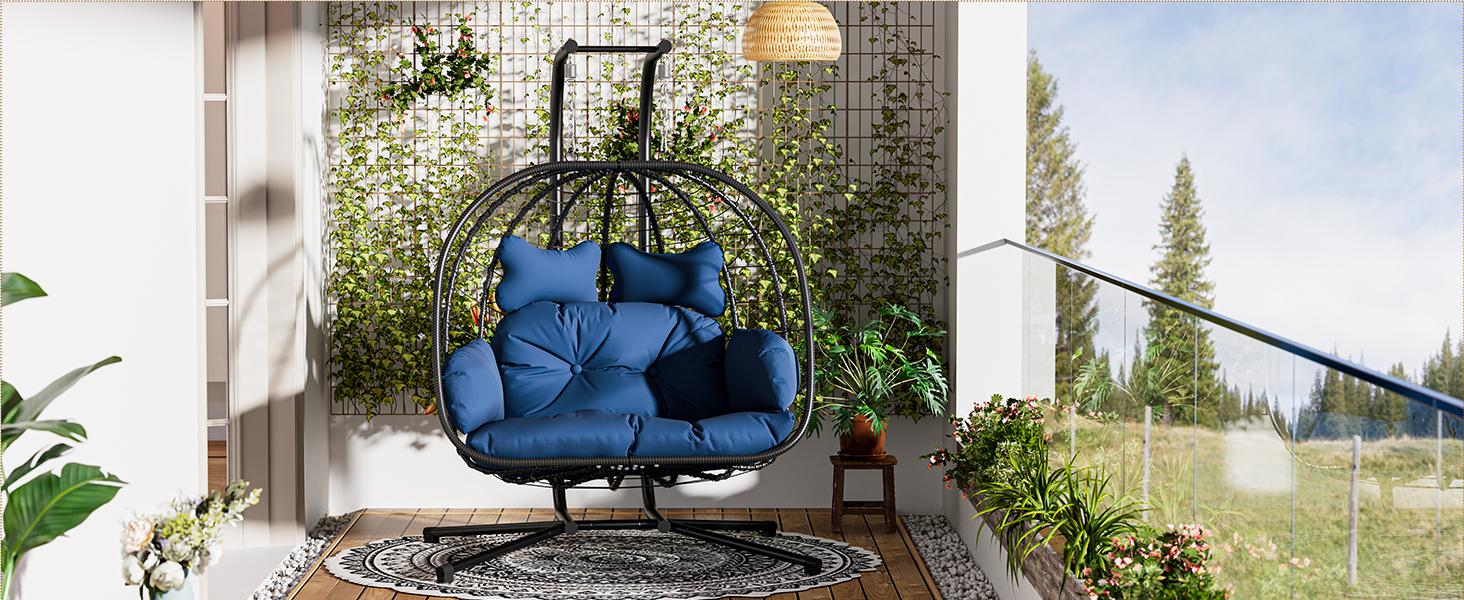 [dealsforyoudays] Double Egg Chair with Stand for Patio, Outdoor Indoor Hanging Swing Chair with Cushions, Wicker Rattan, 700lbs Capacity, Waterproof Sunproof for Balcony Garden Porch, ChristmasGift