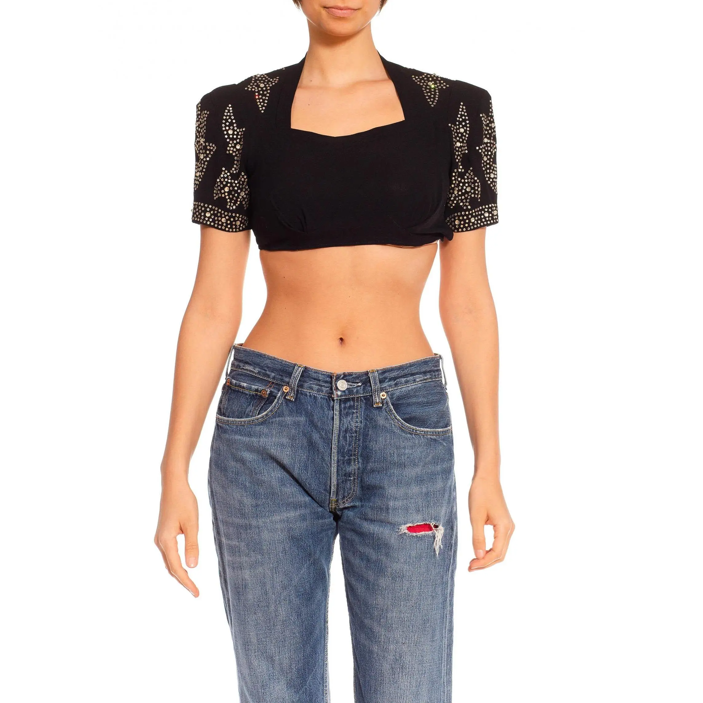 1940S Black Silk Crepe Reinstone Crystal Embellished Crop Top