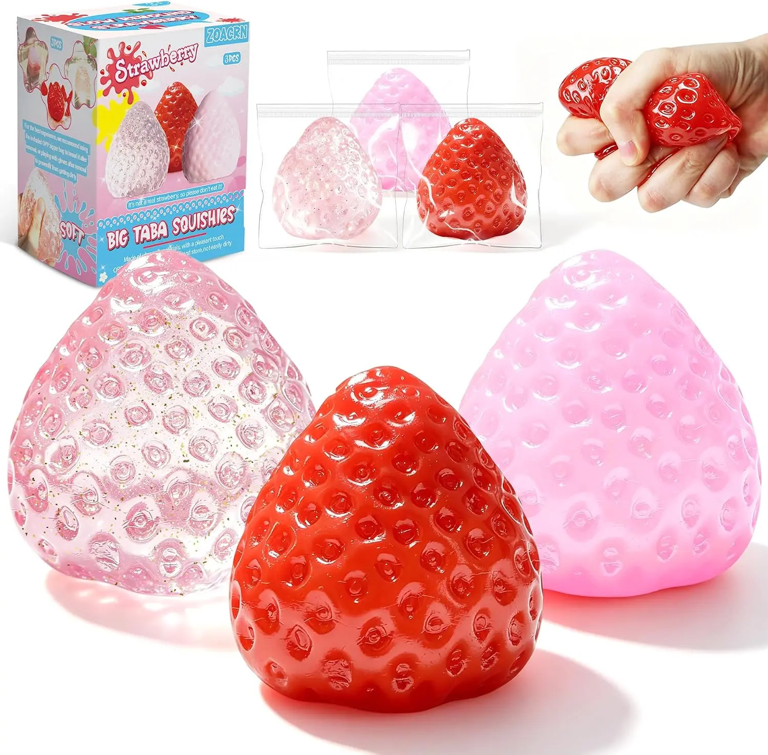 3Pcs Big Taba Squishies Strawberry, Cute Strawberry Squeeze Toys | Upgrade Fruit Squishies, Kawaii Sticky Stress Toy, Clear Fidget Toys, Valentines Gift for Kids, Girls Birthday Gift Ideas