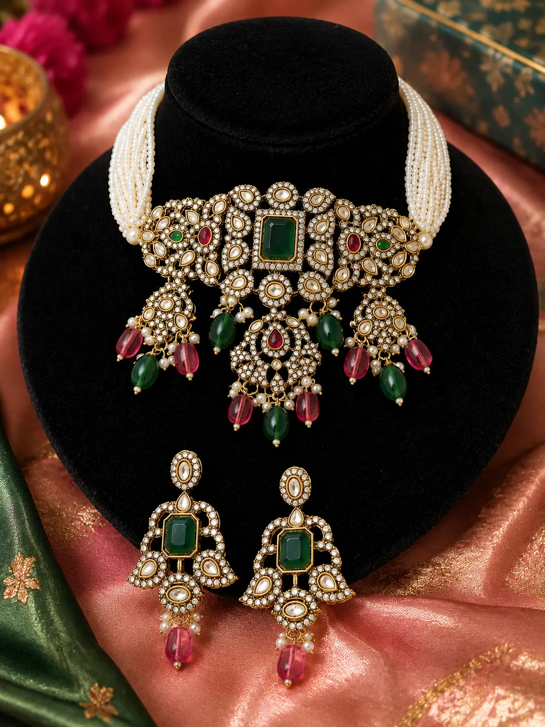 Green & Maroon Traditional Statement Necklace Set with Matching Earrings