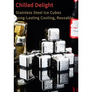 Reusable Stainless Steel Ice Cubes Set - Traditional Square Metal Chilling Utensils for Whiskey, Wine with Tongs