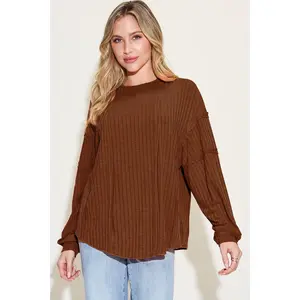 Ribbed Round Neck Long Sleeve T-Shirt Top - Basic Style Spandex Blend Women's Knitwear Streetwear Tee with Moderate Stretch for Everyday Wear