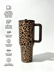 HydroJug 40oz Traveler Tumbler - Brown Leopard Print, Insulated Stainless Steel Water Bottle with Handle & Straw, Leak-Proof & Cup Holder Friendly