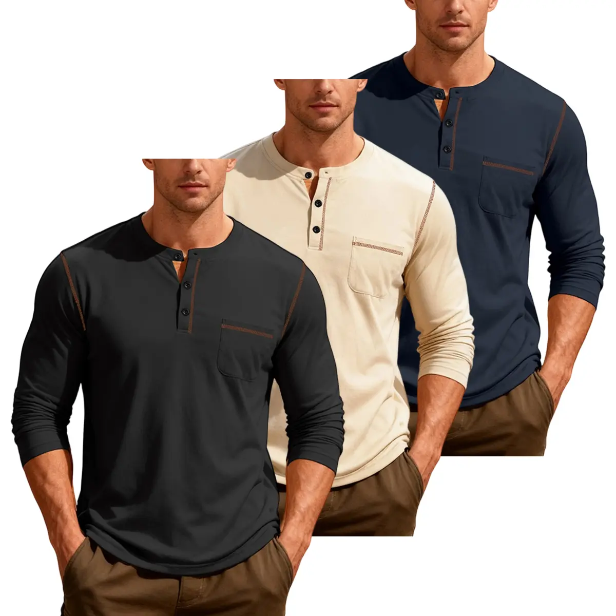 Men's Long-Sleeve Crew Neck Henley Shirt - Menswear Plain Casual Top with Front Opening
