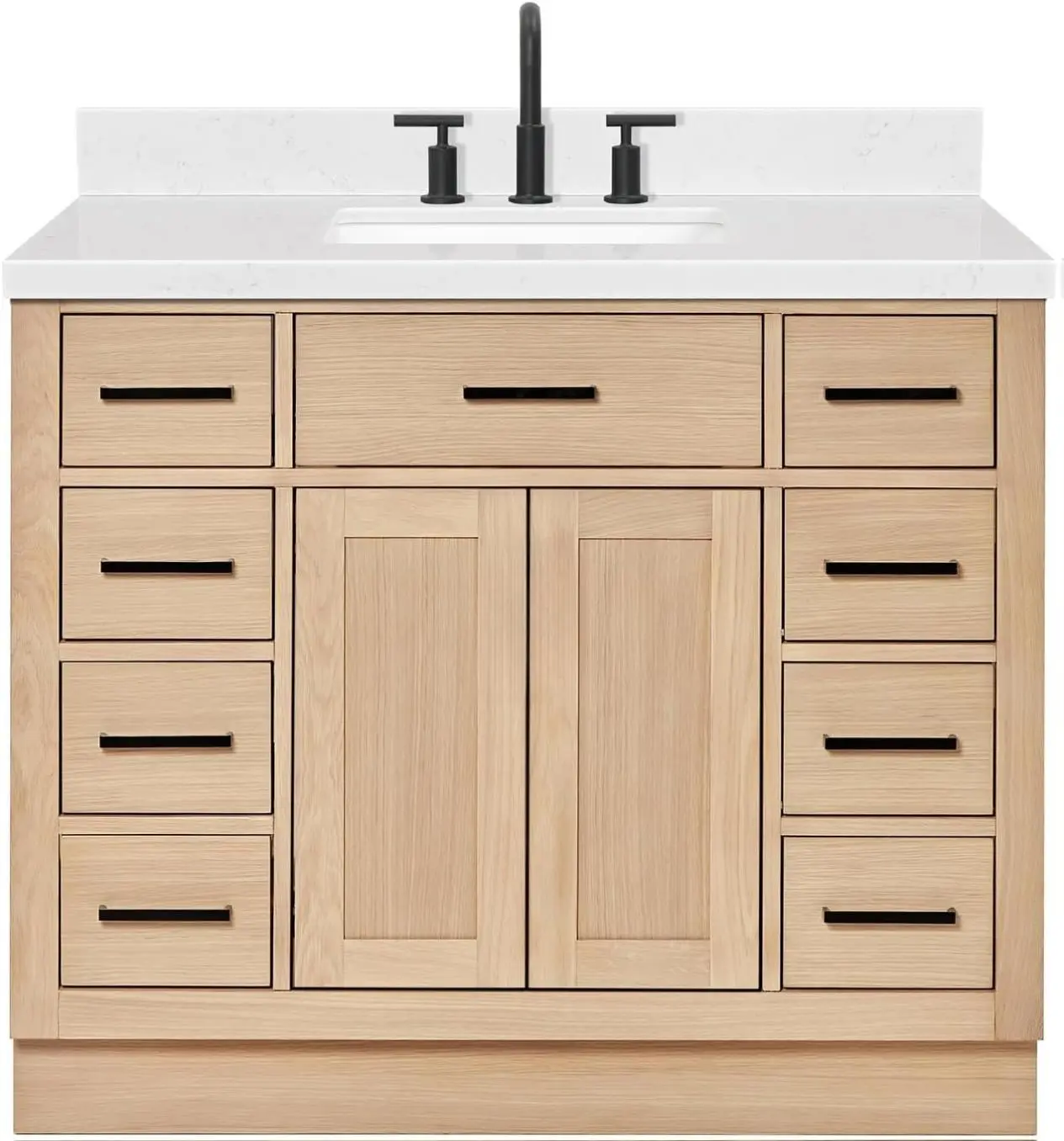 ARIEL 42" Inch Bathroom Vanity with Single Sink, American Oak Solid Wood, Carrara White Quartz Top 1.5" Inch Edge, Undermount Bathroom Sink, 2 Soft Closing Doors and 5 Drawers, Hepburn Collection