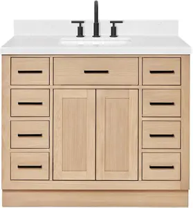 ARIEL 42" Inch Bathroom Vanity with Single Sink, American Oak Solid Wood, Carrara White Quartz Top 1.5" Inch Edge, Undermount Bathroom Sink, 2 Soft Closing Doors and 5 Drawers, Hepburn Collection