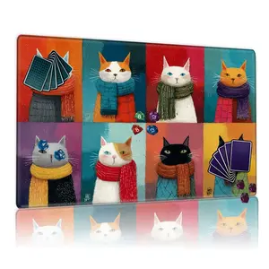 2x4 Colorful Cats Stylized Illustration TCG Playmat 12x24inch Non-Slip MTG Game Mat for Card Game Enthusiasts, Ideal for Party Home Use, Perfect Gift with Vibrant Solid-Background Cats Art