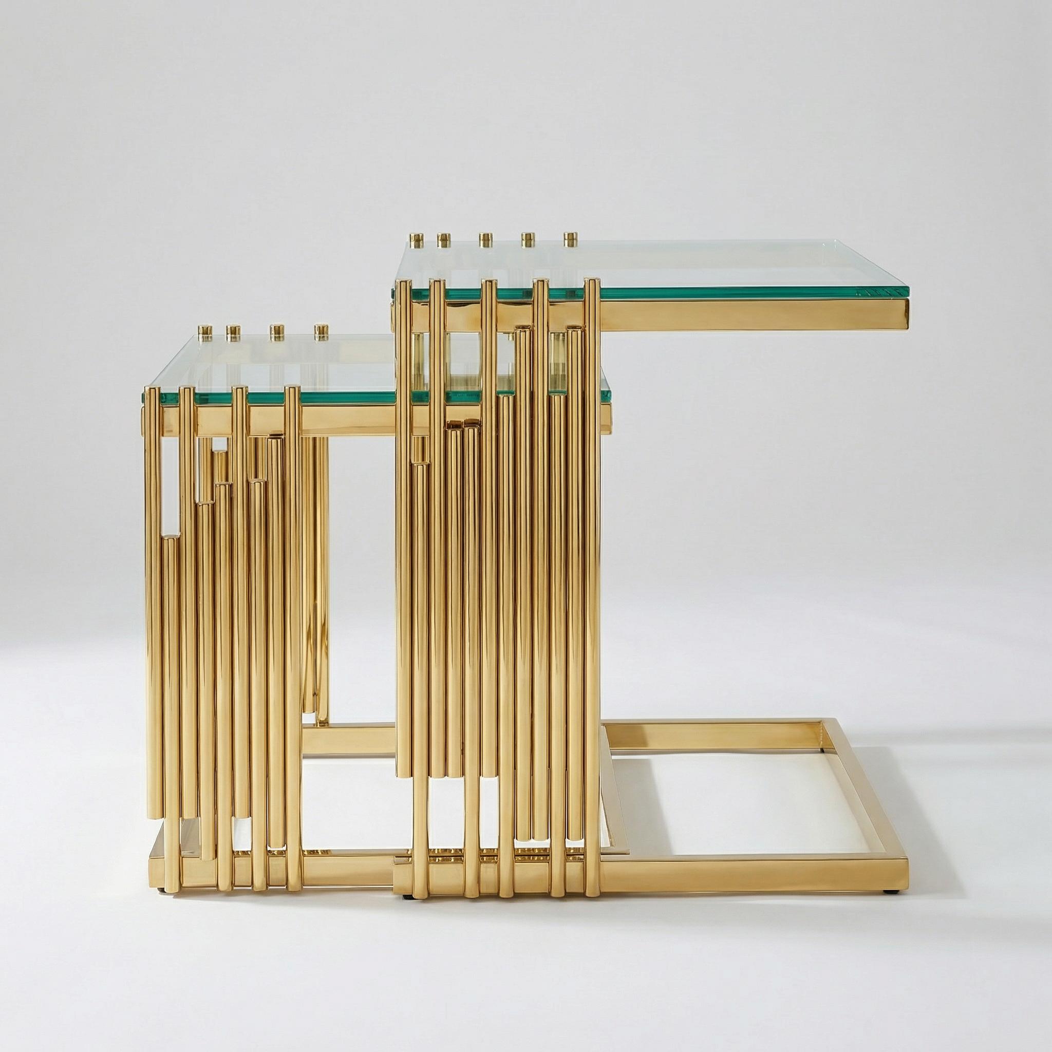 Modern 2-Piece Nesting Coffee Table Set with Tempered Glass Tops and Mirror-Finish Gold Stainless Steel Frames for the Living Room