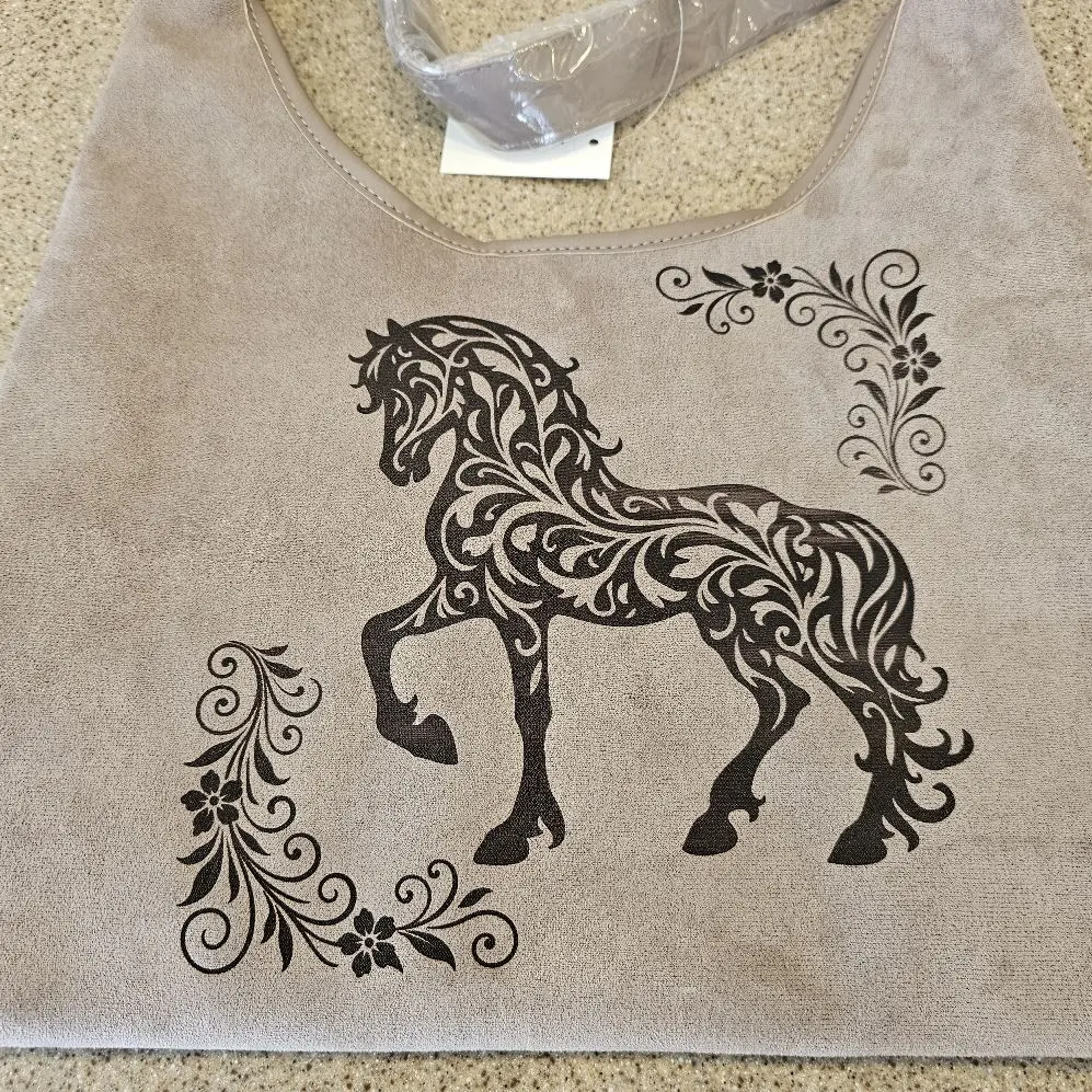Women's Tan Textile Handbag - Engraved Horse Design, Embroidery Floral Accents, Decorative Accessories for Elegant Occasions