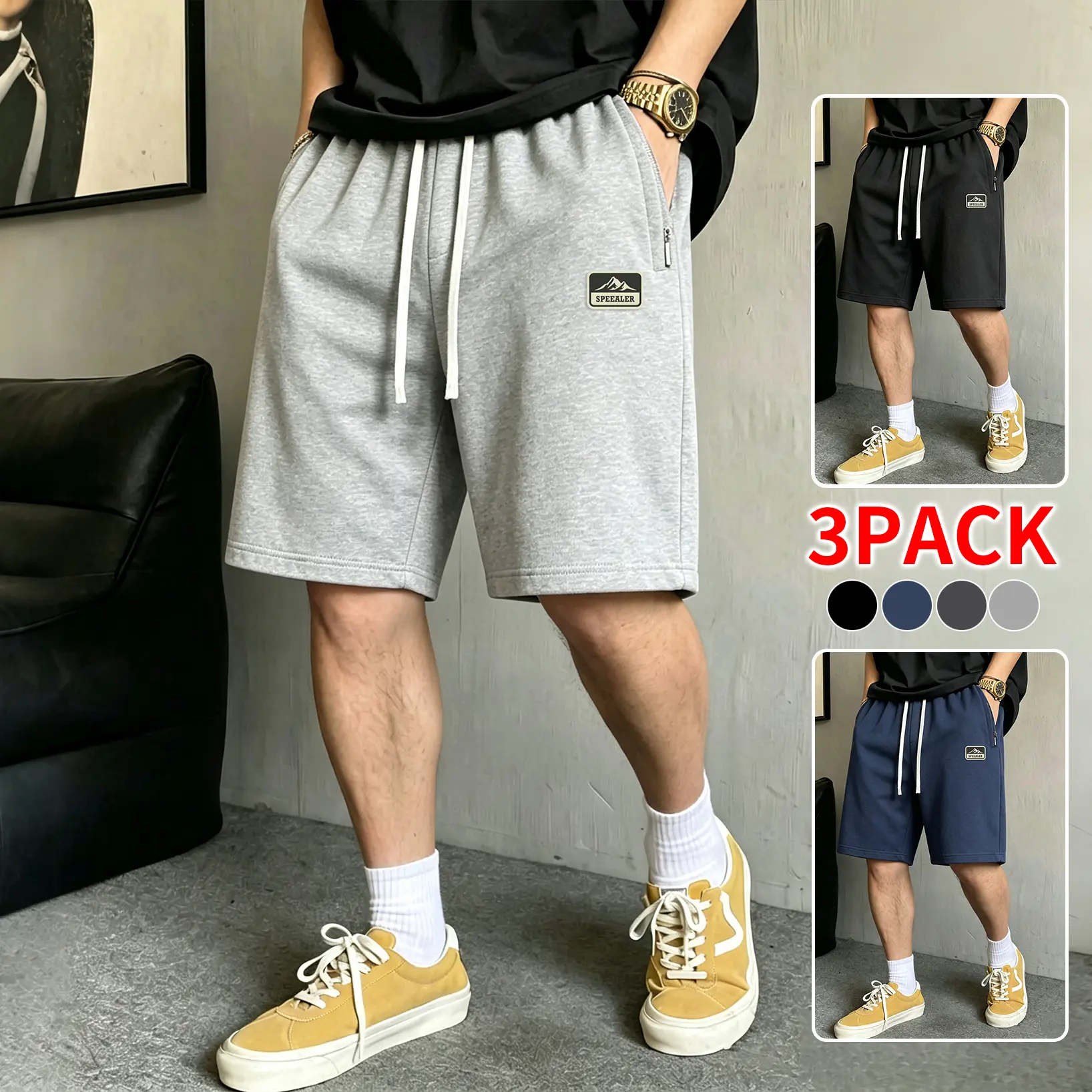 3-pack or single-pack basic, versatile wide-leg pants that just touch the knees! Solid-color loose sweatpants with zippered pockets; American-style casual pants for men, suitable for various situations such as relaxing at home, running, hanging out, commu