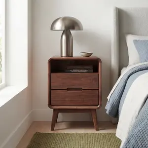 Wayshome Solid Wood NightStand, Walnut/Natural Nightstands with 1/2 Drawers and Open Shelf, Mid Century Modern Nightstand, Wooden End Table, Walnut Bedside Table for Bedroom(23.23" H)