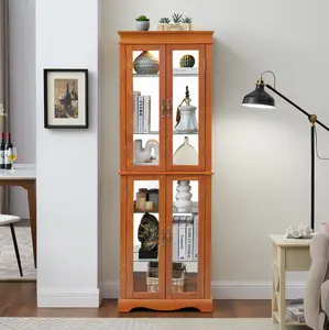 Dreamzon Lighted Glass Curio Display Cabinet,Display Cabinet,Glass Storage Cabinet Glass Wine cabinet Wood Frame Toy Display for Living Room, Kitchen, Pantry light bulb included OAK