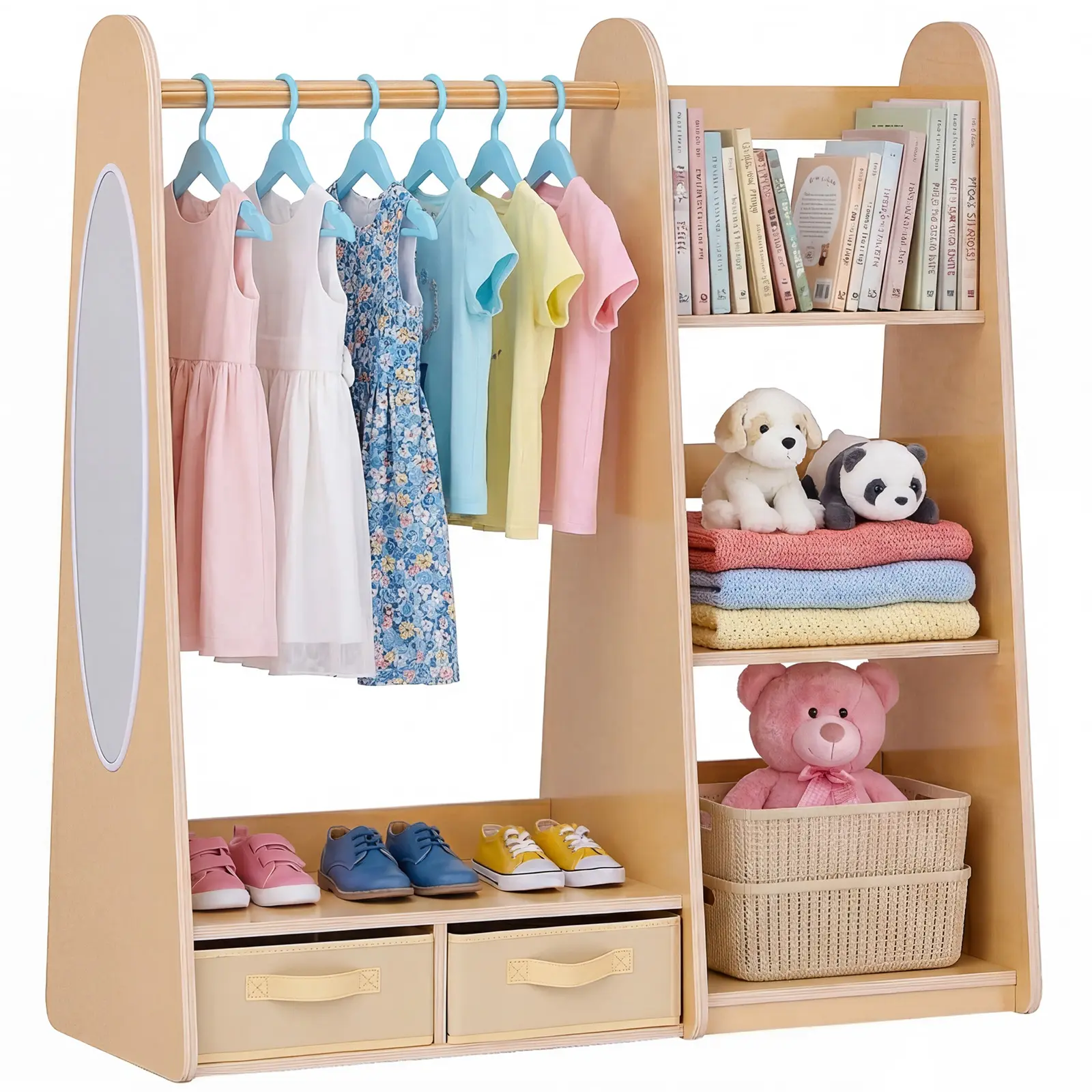 【SummerFinds】VEVOR Kid-Sized Wood Dresser Wardrobe Storage Unit - Sturdy, Stylish Yet Functional Natural Children's Armoire with Mirror, Shelves, Bottom Tray, Organization Solution for Toddler Girls' Bedroom, Father's Day Gift Option, Dress-Up Ready