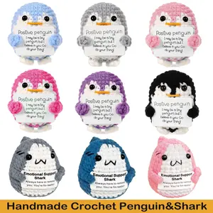 Handmade Crochet Sharks & Penguins with Cheerful Card, Inspirational Soft Gift for Girls, DIY Keychain Pendant, Room & Office Decor