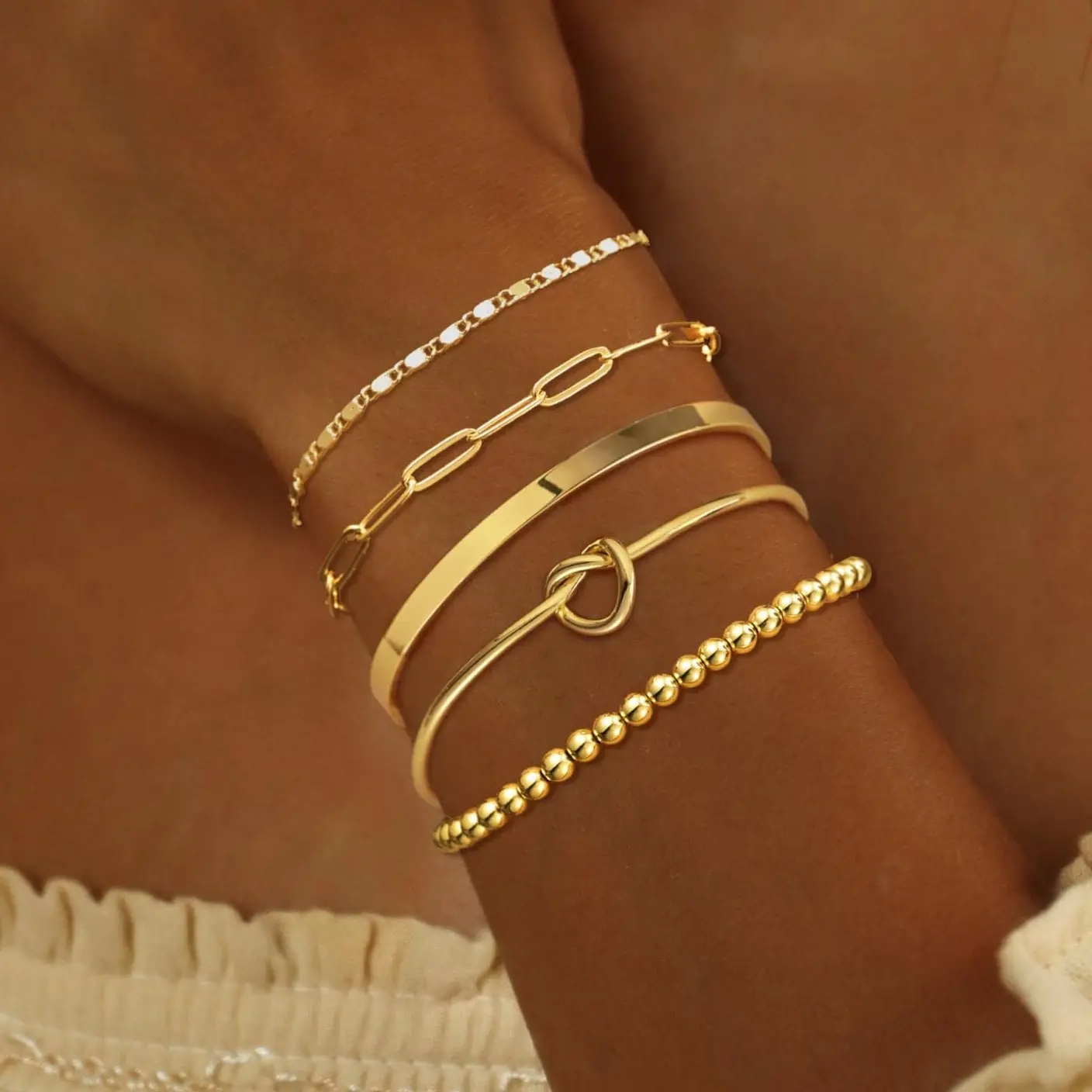 TEWIKY Bangles Bracelet Set For Women Trendy Adjustable Bead Bracelet 5pcs Cuff Bracelet Link Bracelet Non Tarnish Jewelry For Women Girls For Mother's Day Gift